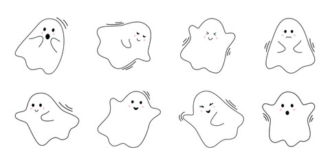Fototapeta premium Vector halloween set with cute ghosts. Flying spirits in flat design. Outline phantoms on white background. Doodle ghosts.