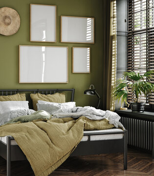 Mockup poster frame in bedroom, Scandinavian style, 3d render