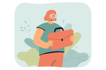 Female employee holding suitcase flat vector illustration. Cheerful female character in eyeglasses ready to work. Occupation, job concept for banner, website design or landing web page