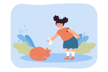 Kid feeding cat with milk flat vector illustration. Little girl taking care of sleeping pet, showing love. Friendship, health, nutrition concept for banner, website design or landing web page