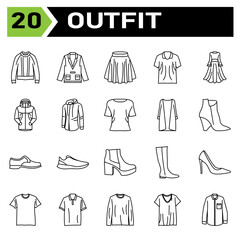 Outfit icon set include fashion, clothing, clothes, apparel, shirt, wear, shoes, man, footwear, male, shoe, sport bra, bra, outfit, female, summer, style, accessory, design, bag, cartoon