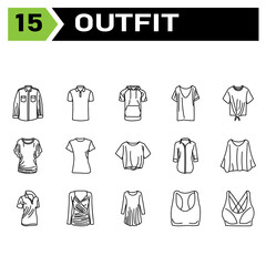 Outfit icon set include fashion, clothing, clothes, apparel, shirt, wear, shoes, man, footwear, male, shoe, sport bra, bra, outfit, female, summer, style, accessory, design, bag, cartoon