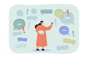 Female artist receiving feedback on work. Woman holding palette, surrounded by text bubbles flat vector illustration. Occupation, public opinion concept for banner, website design or landing web page