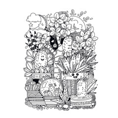 Home garden. Happy cacti and succulents. Doodles. Coloring page for adult. Vector illustration.