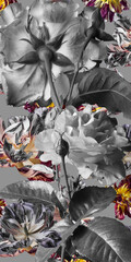 Gray roses on an abstract floral background, two flowers on stems, black and white image, floral wallpaper.