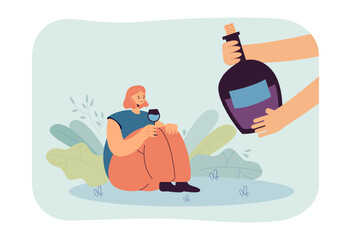 Huge hands giving bottle of alcohol to girl. Female cartoon character sitting and holding glass of wine flat vector illustration. Relax concept for banner, website design or landing web page