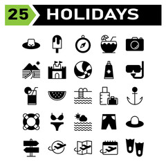Obraz premium Holidays icon set include hat, fashion, beach, cap, holiday, trip, ice cream, dessert, cold, navigation, compass, direction, location, coconut, drink, juice, beverage, camera, photo, photography