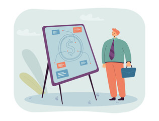 Employee analyzing financial statistics flat vector illustration. Businessman looking at whiteboard with dollar sign. Occupation, investment concept for banner, website design or landing web page