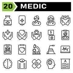 Medic icon set include bottle, pills, prescription, drugs, medical, transfusion, bag, blood, donation, doctor, male, hospital, medicine, healthcare, female, hand, mask, health, love, heart, building