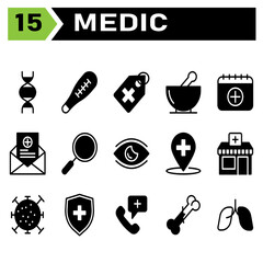 Medic icon set include biology, heredity, genetics, biotechnology, molecules, pregnancy strip, medical device, medical test, health, medical, tag, hospital, pharmacy, medicine, potion, drug