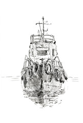 black gel pen drawing on a white paper "the tugboat on the water". front view.   vertical composition