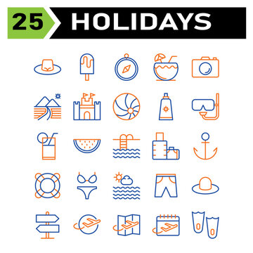 Holidays icon set include hat, fashion, beach, cap, holiday, trip, ice cream, dessert, cold, navigation, compass, direction, location, coconut, drink, juice, beverage, camera, photo, photography