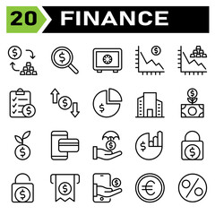 Finance icon set include conversion, exchange, currency, money, gold, search, magnifier, dollar, investment, bank, safe, security, saving, finance, decrease, graph, statistic, document, purchase