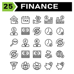 Finance icon set include building, investment, home, money, security, calendar, tax, date, day, finance, hand, saving, piggy, banking, chart, up, arrow, profit, down, business, man, currency, dollar