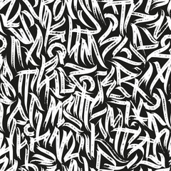 Abstract seamless pattern of calligraphic letters, grunge text print.