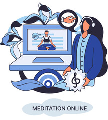 Meditation online metaphor. Classes on laptop, practicing yoga, mental exercises. Live stream, internet education. Wellness practice restore peace mind. Healthy lifestyle, clearing brain and managing