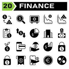 Finance icon set include conversion, exchange, currency, money, gold, search, magnifier, dollar, investment, bank, safe, security, saving, finance, decrease, graph, statistic, document, purchase