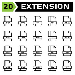 File extension icon set include file, document, extension, icon, type, set, format, vector, symbol, design, graphic, software, sign, application, image, label, nex, a02, ba, xip, tbz2, gz2, cbt, epi
