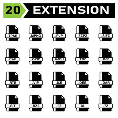 File extension icon set include tpsr, mpkg, pup, fzpz, sifz, rar, gzip, xapk, tbz, b6z, rte, vip, ice, deb, dar, sit, bz2, dz, dl, 7z, file, document, extension, icon, type