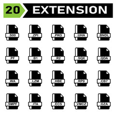 File extension icon set include file, document, extension, icon, type, set, format, vector, symbol, design, graphic, software, sign, application, image, label, s00, zpi, pkg, uha, bndl, pf, b1, r2