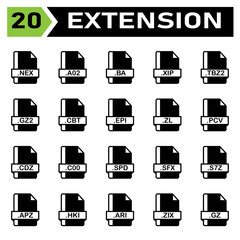 File extension icon set include file, document, extension, icon, type, set, format, vector, symbol, design, graphic, software, sign, application, image, label, nex, a02, ba, xip, tbz2, gz2, cbt, epi