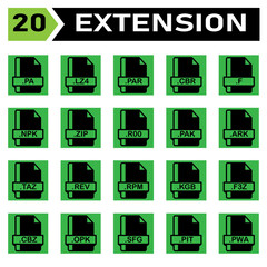 File extension icon set include pa, lza, par, cbr, f, npk, zip, r00, pak, ark, taz, rev, rpm, kgb, f3z, cbz, opk, sfg, pit, pwa, file, document, extension, icon, type, set, format, vector, symbol - obrazy, fototapety, plakaty