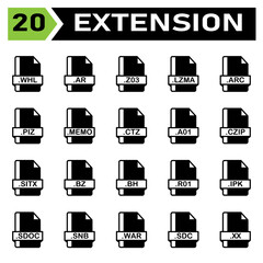 File extension icon set include file, document, extension, icon, type, set, format, vector, symbol, design, graphic, software, sign, application, image, label, whl, ar, z03, lzma, arc, piz, memo, ctz