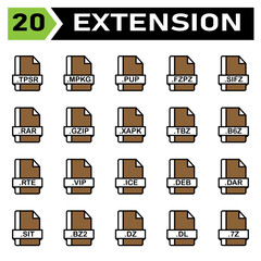 File extension icon set include tpsr, mpkg, pup, fzpz, sifz, rar, gzip, xapk, tbz, b6z, rte, vip, ice, deb, dar, sit, bz2, dz, dl, 7z, file, document, extension, icon, type, set,