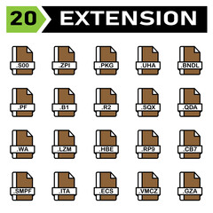 File extension icon set include file, document, extension, icon, type, set, format, vector, symbol, design, graphic, software, sign, application, image, label, s00, zpi, pkg, uha, bndl, pf, b1, r2