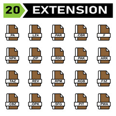 File extension icon set include pa, lza, par, cbr, f, npk, zip, r00, pak, ark, taz, rev, rpm, kgb, f3z, cbz, opk, sfg, pit, pwa, file, document, extension, icon, type, set, format, vector, symbol