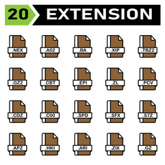 File extension icon set include file, document, extension, icon, type, set, format, vector, symbol, design, graphic, software, sign, application, image, label, nex, a02, ba, xip, tbz2, gz2, cbt, epi
