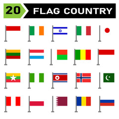 Flag country icon set include country, flag, symbol, national, travel, illustration, nation, icon, vector, emblem, set, sign, continent, international, all, indonesia, ireland, israel