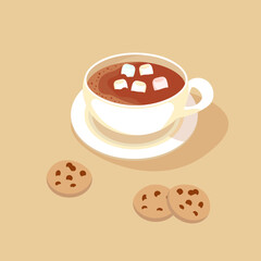 Cute cartoon cup of hot cocoa with marshmallows and chocolate cookies on beige background.