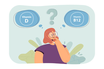 Girl thinking about taking vitamins flat vector illustration. Woman taking care of health. Medicine, healthcare, treatment, prescription concept for banner, website design or landing web page