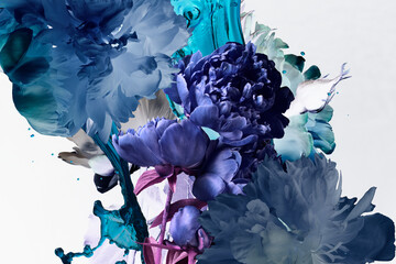Blue peonies and blue splashes of paint, abstract floral background, blue and white color.
