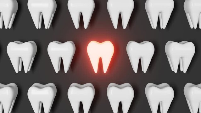 Toothache 3D rendering animation on grey background. White healthy teeth pattern molar tooth with pain National Dentist's Day Wisdom teeth extraction Oral care recovery. Dental Insurance Dentistry