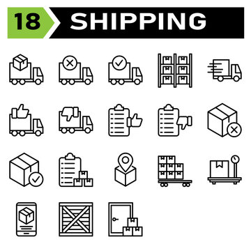 Shipping and logistic icon set include truck, delivery, shipping, box, order, canceled, complete, logistic, storage, warehouse, inventory, shelf, express, fast, urgent, like, dislike, list