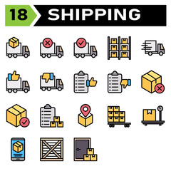 Shipping and logistic icon set include truck, delivery, shipping, box, order, canceled, complete, logistic, storage, warehouse, inventory, shelf, express, fast, urgent, like, dislike, list