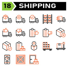 Shipping and logistic icon set include truck, delivery, shipping, box, order, canceled, complete, logistic, storage, warehouse, inventory, shelf, express, fast, urgent, like, dislike, list