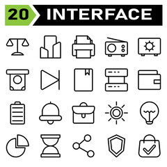 User interface icon set include legal, law, justice, court, crime, office, building, apartment, house, home, printing, print, printer, document, radio, transmission, device, fm, safe deposit