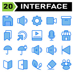 User interface icon set include save, storage, data, file, download, sound, volume, audio, speaker, setting, gear, configuration, optimization, video, record, camera, user interface, film, archive,box