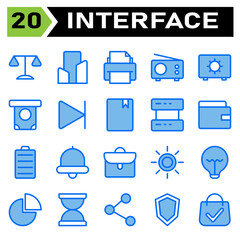 User interface icon set include legal, law, justice, court, crime, office, building, apartment, house, home, printing, print, printer, document, radio, transmission, device, fm, safe deposit