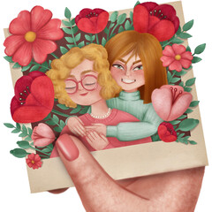 Family photo mother and daughter celebration postcard illustration 