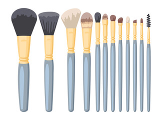 Different makeup brushes vector illustrations set. Collection of designs of cosmetic tools for face paint, eyes and eyebrows isolated on white background. Beauty, makeup, cosmetology concept