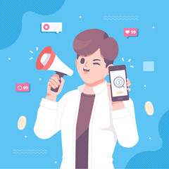 boy holding megaphone referral program illustration concept