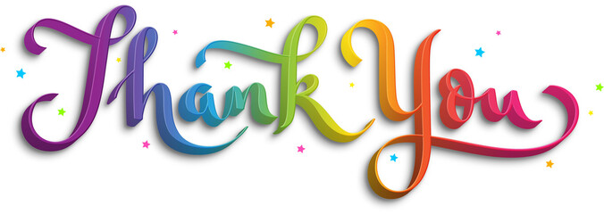 THANK YOU colorful brush calligraphy banner with stars on transparent background