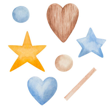 Watercolor illustration of hand painted hearts, stars, dots in blue, brown and yellow colors. Isolated on white clip art set of elements for pattern making for packaging paper, textile, prints