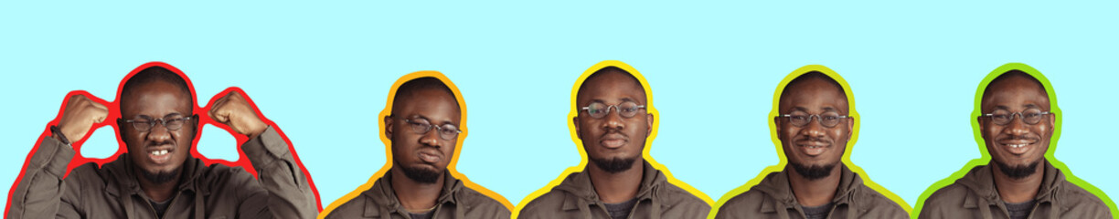 Set of man's emotions. Young african man's portraits with different emotions on his face. Angry,...