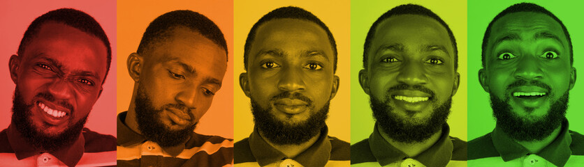 Young african man's portraits with different emotions on his face over colorful background in neon....