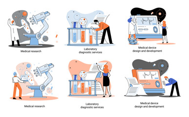 Medical research. Laboratory diagnostic services, medical device design development scenes metaphor. Scientists in hemistry clinic laboratories, microbiology pharmaceutical research. Vaccine discovery